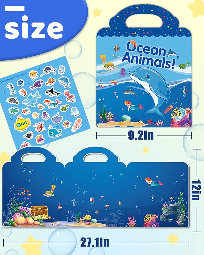 Benresive Reusable Sticker Book for Toddlers, Travel Stickers for Kids, Toddler Crafts Activities Toys, Birthday Gifts for Boys & Girls - Ocean Animals