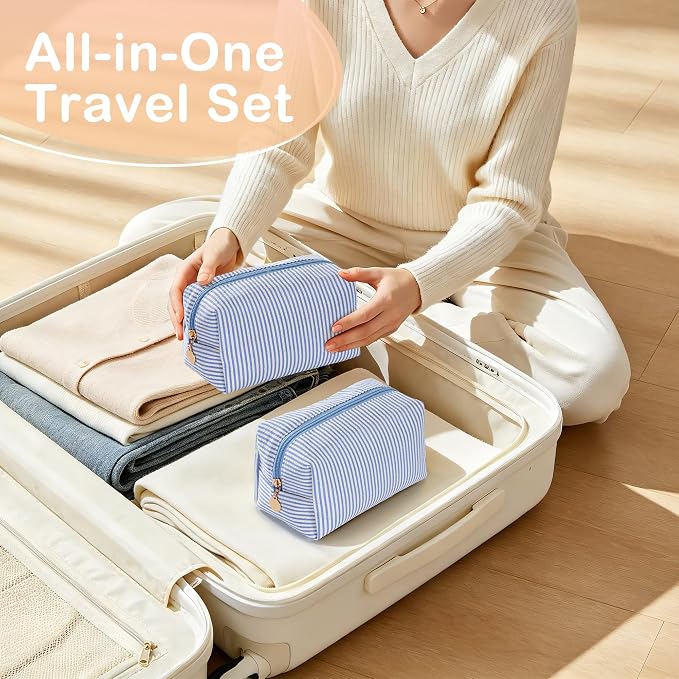 Makeup Bag Travel Toiletry Bag for Women, Small Cosmetic Bags Cute Stripe Blue Aesthetic Organizer Makeup Pouch for Purse Emergency Bag Pencil Case Accessory Bag