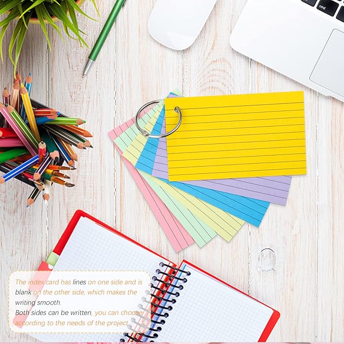 Tecmisse 600 Pieces Index Cards Rulded, Colorful Flash Cards 3 x 5 Index Card with Rings, Heavy Study Cards, Note Cards Punched for School Learning, Office and Home Uses (6-Color Thickened)