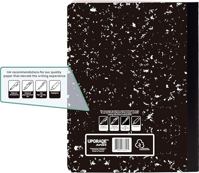 Composition Notebook, Wide-Ruled Paper, Resists Ink Bleed-Through, 100 Sheets, Size 9.75” x 7.5”. Marble Black, 4-pack