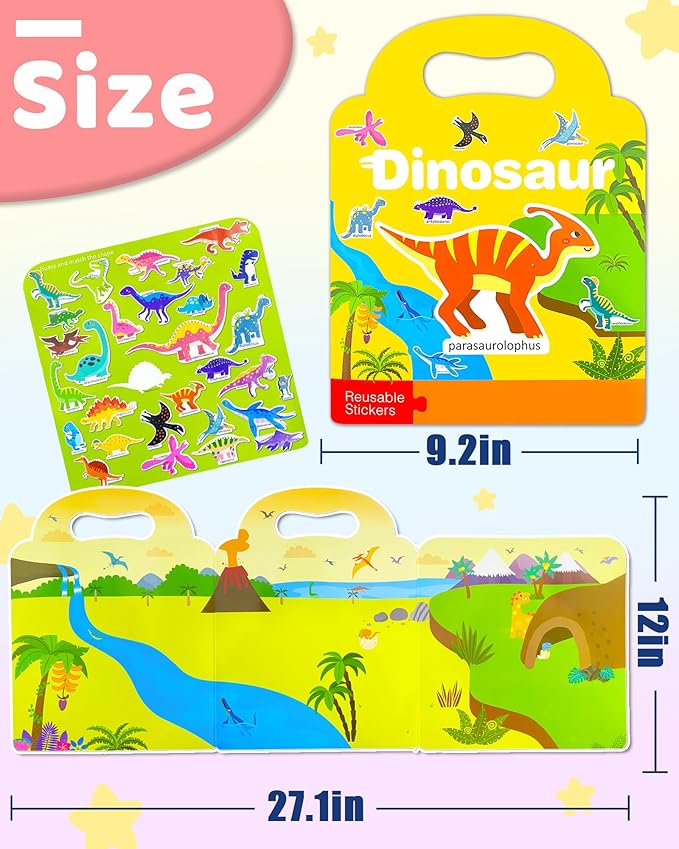 Benresive Reusable Sticker Book for Toddlers, Stickers for Kids, Travel Toys for Arts & Crafts Activities, Birthday Gift for Boys & Girls, Dinosaur Themes