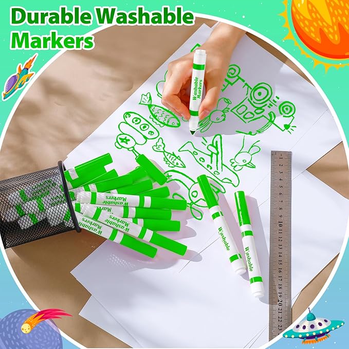 24 Pcs Washable Markers Bulk Broad Line Markers Coloring Conical Tip Large pens for Kids art projects, Teachers, Students, Toddlers, Party Favors, Classrooms, Donations(Light Green)