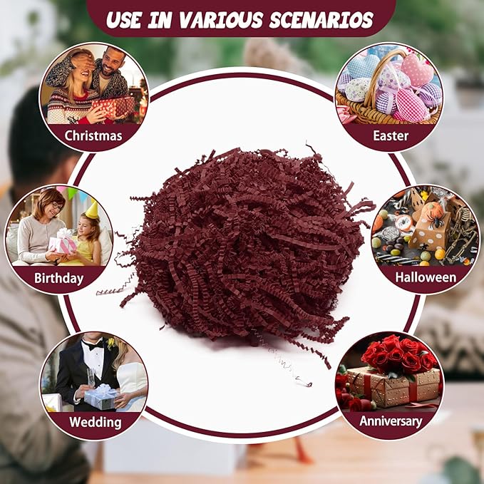 Tisspoms 1LB Burgundy Crinkle Cut Paper Shred Filler, Paper Shreds for Basket Fillers, Birthday, Gift Wrapping, Anniversary, Wedding, Halloween, Thanksgiving, Christmas Gift Decor Party Filler