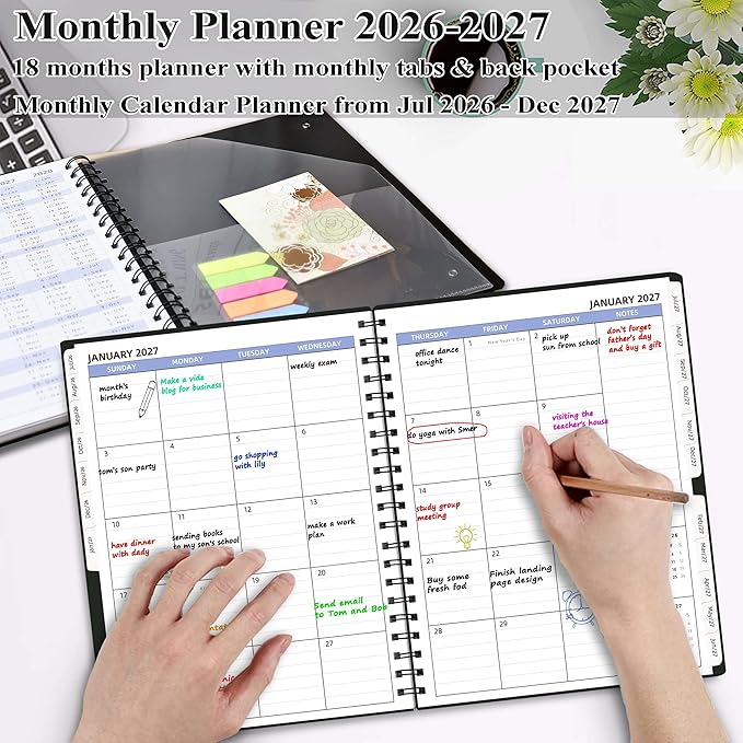 Monthly Planner 2026-2027 (7.6'' x 9.6''), from Jul 2026-Dec 2027, 18 Months Calendar Book, 2026 Agenda Planner with Tabs & Pocket, Black