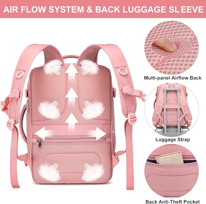 Carry On Backpack for Women,Travel Backpack Flight Approved,Underseat Personal Item Travel Bag With Shoe Compartment, TSA 15.6" Laptop Back Pack Casual Daypack for College Weekender Business,Pink