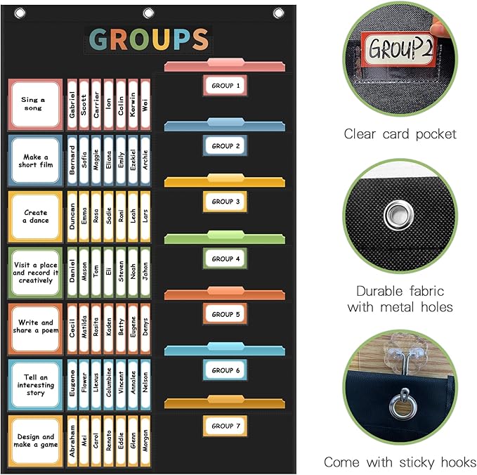 REGELETO Boho Small Group Management Pocket Chart with 114 Cards, Large Size 46 x 26.3 inch Classroom Small Group Organizer for School Teacher Homeschool Learning Supplies (Black)