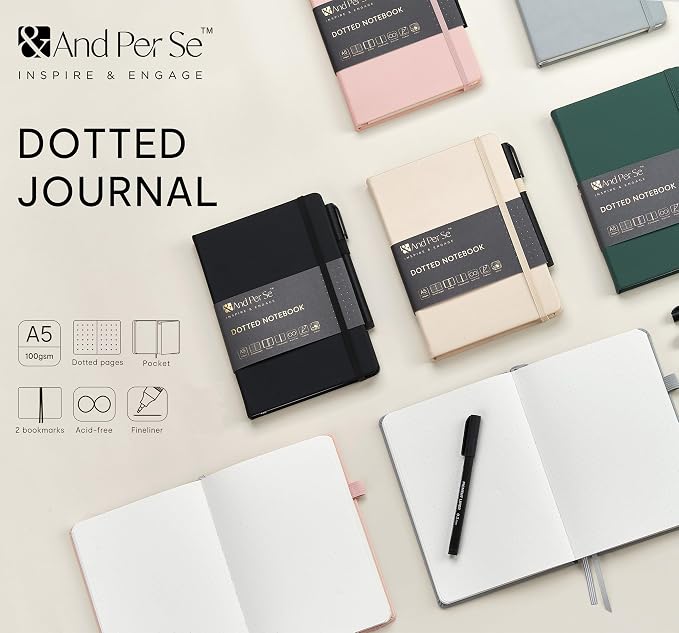 &And Per Se Dotted Journal Notebook, A5 Hardcover Dotted Notebook, 160 Pages 100GSM Thick Paper Dot Grid Journal with Fineliner Pen (Black)