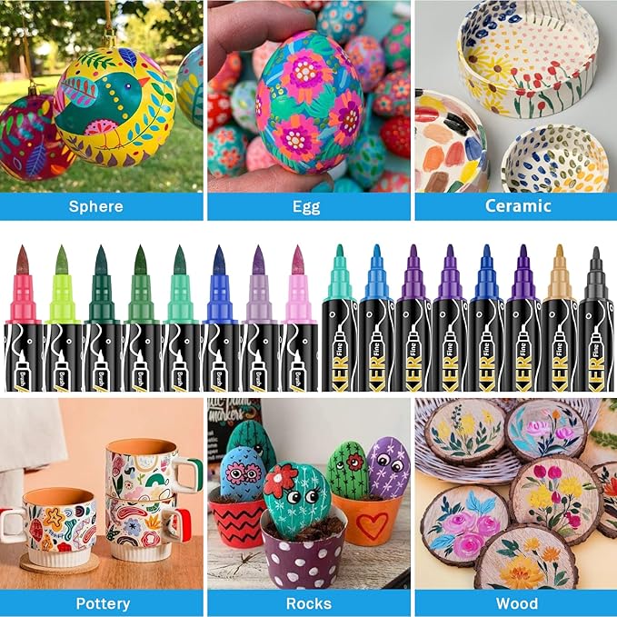colpart 72 Colors Acrylic Paint Markers,Dual Tip Acrylic Paint Pens,Includes 12 Metallic Brush Tip Fine Tip Markers For Rock Painting,Plastic,Canvas And Diy Crafts Art Supplies
