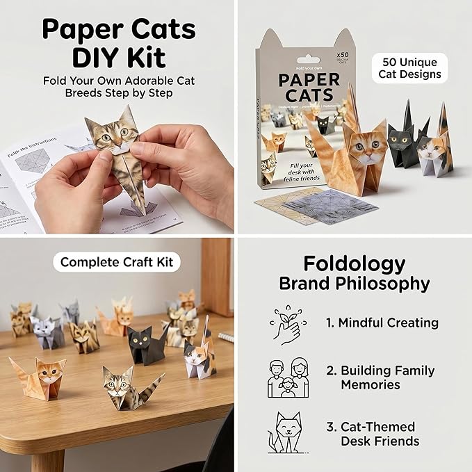 3D DIY Origami Cat Kit for Adults & Teens – 50 Cute Paper Cats to Fold, Relaxing Paper Craft Kit for Cat Lovers, No Glue or Scissors Needed
