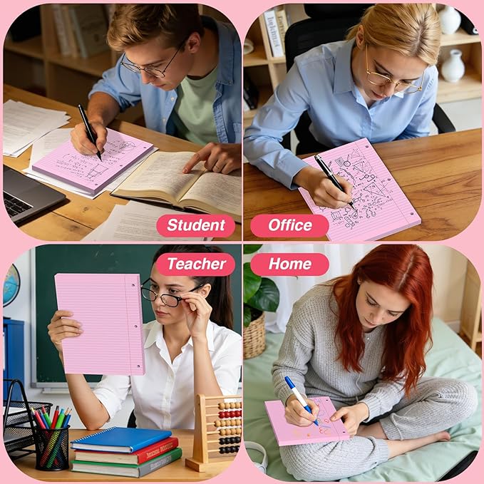 Pink Loose Leaf Paper 120 Sheets Pink Paper 8" x 10.5" College Ruled Notebook Paper Filler Paper 3-Hole Punched Lined Paper for 3-Ring Binders 8 x 10-1/2 Binder Paper for Home School Office Supplies