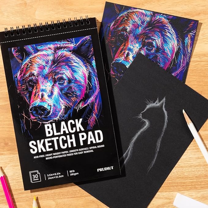 30 Sheets Black Paper Sketchbook, 98lb/160gsm Heavyweight Black Sketch Pad 5.5×8.5in, Acid-Free Drawing Paper, Spiral Bound Sketch Book for Kids, Teens, Artist