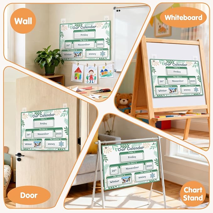 AKAYOK Classroom Calendar Pocket Chart with 70 Cards - Circle Time Calendar 2024-2028 with 2 Storage Pockets, Kids Calendar Perfect for Preschool and Homeschool Learning (Green Leaves)