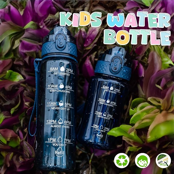 OLDLEY 17oz Kids Water Bottle, Tritan BPA-Free, Leakproof Flip Straw Lid, Motivational Time Marker, Carry Strap, Reusable Clear Water Bottle for Boys & Girls,Slate Blue