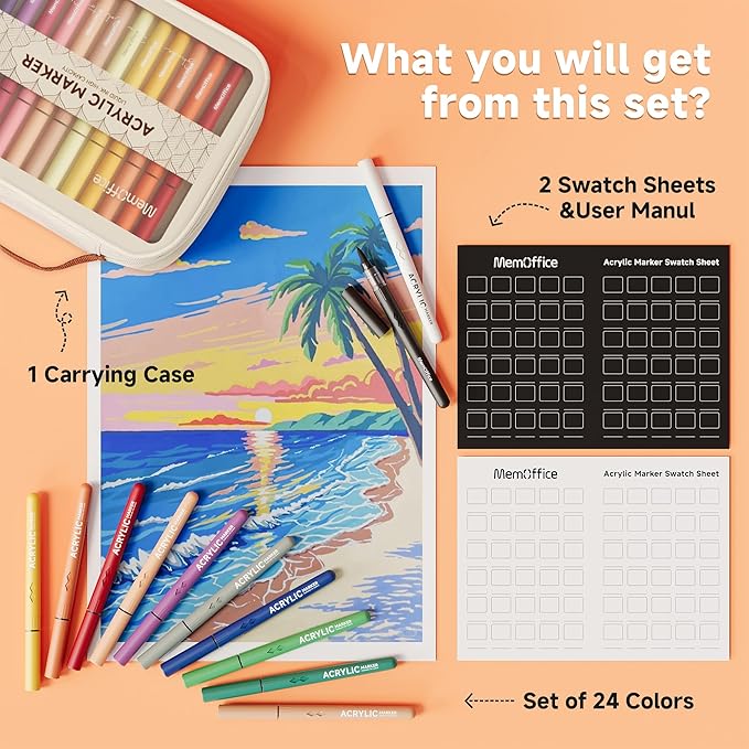 MemOffice Direct Liquid Acrylic Paint Markers, 24 Colors Brush Tip Pens with Carrying Case, No Bleed, Waterproof, for Rock, Wood, Canvas, Glass, Fabric, DIY Crafts for Adults