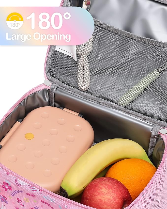 Bagseri 2 Packs Kids Lunch Bag for Boys Girls - Insulated Kids Lunch Box for Daycare and School Reusable Meal Tote Bag with Water Bottle Holder, Black Dino & Pink Unicorn
