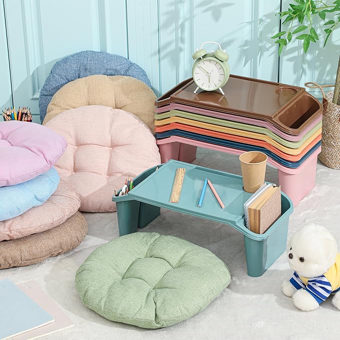 Supervitae 16 Pcs Kids' Lap Desk and Classroom Floor Cushions Set, Including Stackable Lap Tray 19.7 x 14.8 x 7.7'' & Floor Pillow 16'' for Classroom Kindergarten Daycare Nursery (Morandi Colors)
