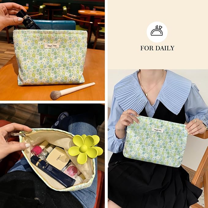 STARDW Aesthetic Floral Makeup Bag Cute Small Cosmetic Bags for Women Girls, Travel Toiletry Bag Large Capacity Zipper Makeup Pouch, Purse Organizer Pouches (Fresh Green)
