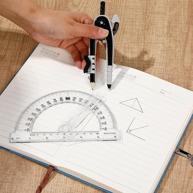 Zonon 2 Pcs Student Protractor and Compass, Student Geometry Math Set Drawing Compass and 180 Degree 6 Inch Protractor with Swing Arm for Drawing Measuring School Office (Black)