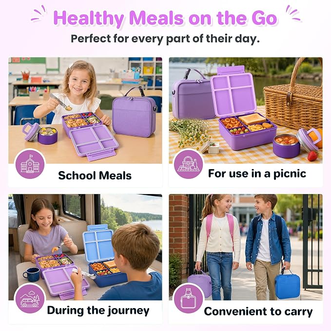 Bento Lunch Box with 8oz Soup Thermo,Kids Leakproof 4 Compartment Lunch Food Containers with Sauce Cup and Ice Pack,Kids Thermo Insulated Hot Food Jar and Lunch Bag for School,Trvael-Purple