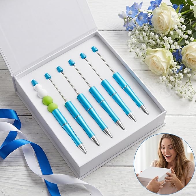 jiebor 30Pcs Beadable Pens Plastic Bead Ballpoint DIY Cute Cool Pens Black Ink for Women Men Bridal Graduation Gift Office Supplies Sky Blue