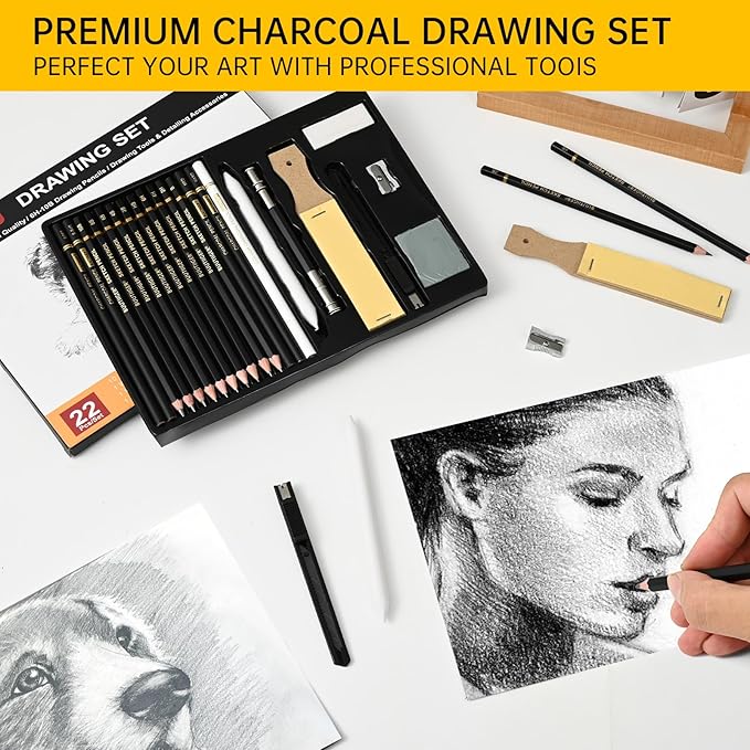 22-Piece Drawing kit Sketch Pencils Set - Graphite Pencils (6H-10B) Black and White Charcoal Pencil Charcoal Sticks - Drawing Pencil Kit for Artists Adults Teens Beginner, Ideal for Shading, Blending