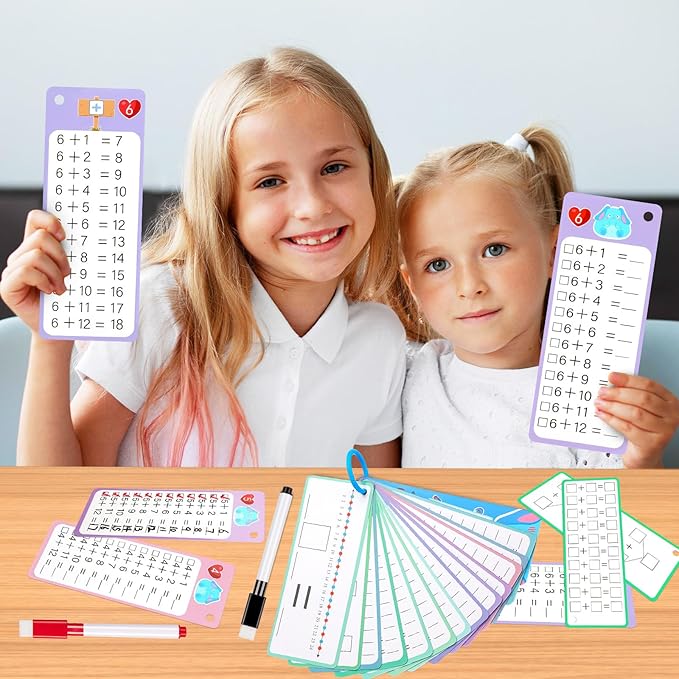 15Pcs Addition Flash Cards, Addition Chart 1-12 with 2 Dry Erase Pens 1 Rings, Time Table Flash Cards for 1st to 3rd Grades Fun Learning with Math Game
