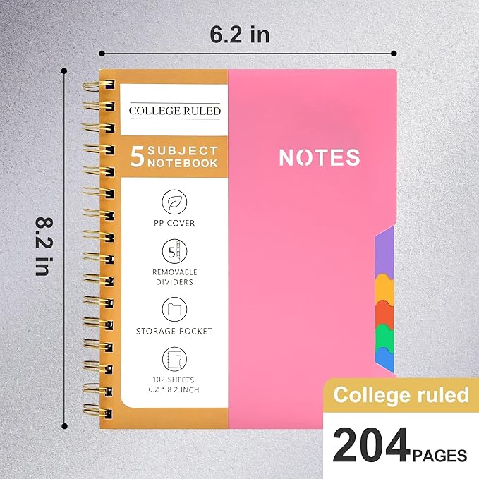CAGIE 2 Pack Spiral Notebooks for School Work with Removable Dividers Tabs, Small A5 5 Subject Notebook College Ruled, Lined Journaling Notebook for Women Men Writing, Pink