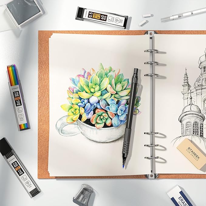 STAGEEK 25PCS Art Mechanical Pencil Set, 3PCS Metal lead pencil 0.5, 0.7, 0.9, 2PCS 2mm Drawing Pencil (HB 2H 2B 4B Color) with 392PCS Graphite Leads, Eraser with Case for Drafting Drawing Writing