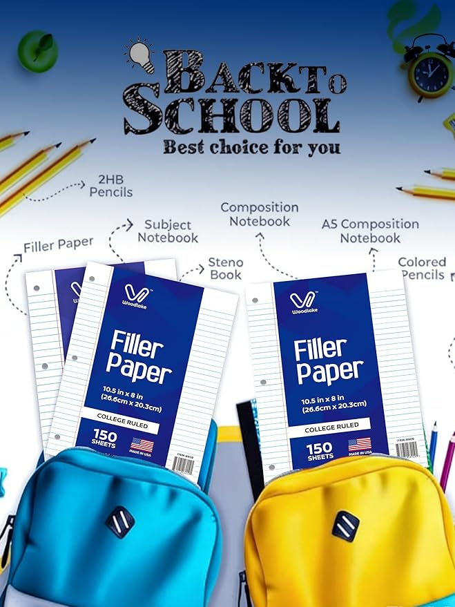 Notebook Paper USA-Made Loose Leaf Paper, 24 Pack 3600 Sheets 8"x10.5" College Ruled - 3-Hole Punched Bulk Filler Paper for 3-Ring Binder, 150 Sheets/Pack, Wholesale Available