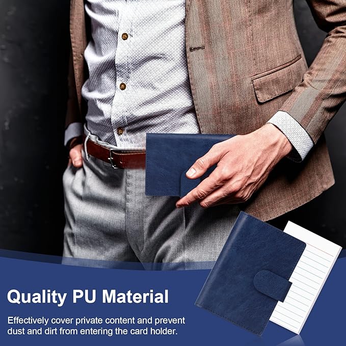 Blue Index Card Holder PU Leather 3x5 Note Card Holder Wallet Portable Pocket Notepad with Pen Holder Magnetic Index Card Case with Card Solt 20 Pcs Ruled Note Cards For Record Meetings (No Pen)