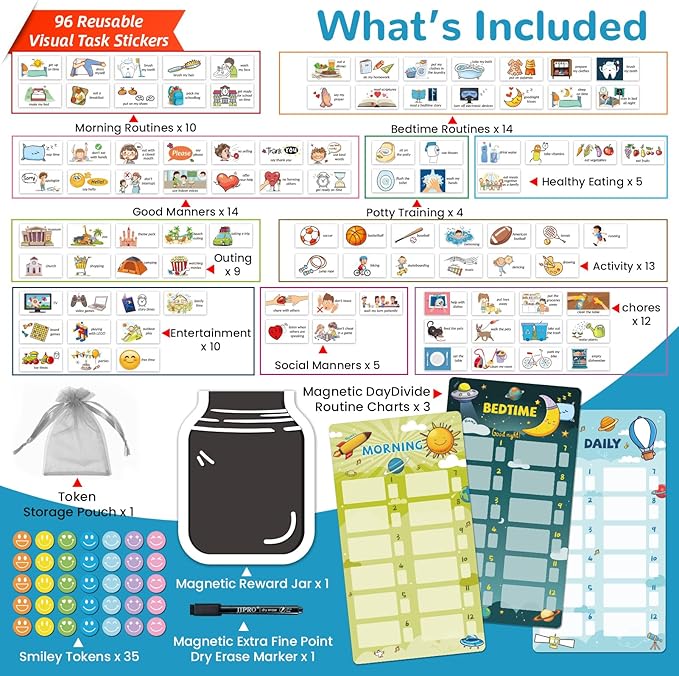 JJPRO Magnetic Bedtime/Morning/Daily Routine Chart for Kids with Reward Jar-Bedtime Checklist Toddler Reward Jar,Magnetic Chore Chart for Kids,Daily Routine Reward Chart -Outer Space