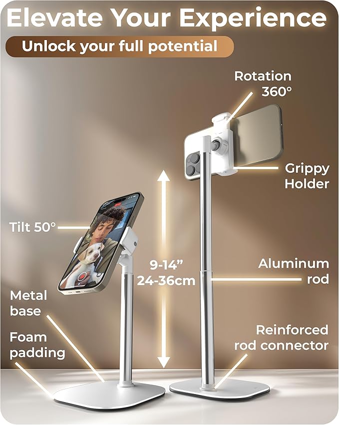 COOPER ChatStand, Adjustable Cell Phone Stand for Desk, Phone Stand for Recording, iPhone Holder for Filming, Small Tripod for iPhone, Fits Samsung, Android Smartphones, (Frost White)