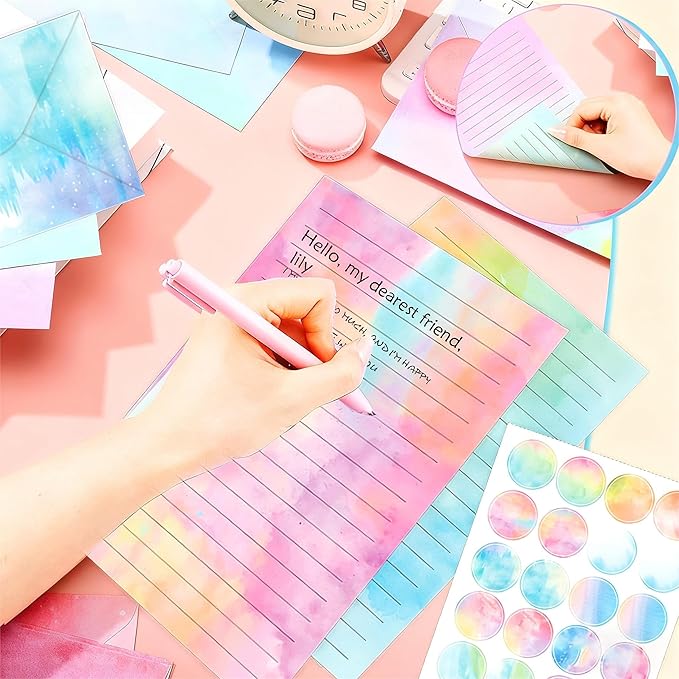 160 Pcs Stationery Writing Paper with Envelopes, 50 Double Sided Stationery Papers with 50 Matching Envelopes and 60 Round Dot Sticker, 10 Unique Designs
