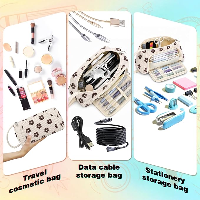 Big Capacity Pencil case,Soft Corduroy Pencil Bag with 3 Compartment Pouch Bag for School Supplies Office for Teen Girls Boys Women Man (Brown Floral)