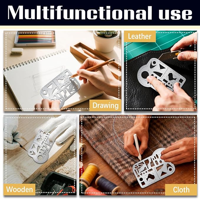 ORIGACH Stainless Steel Mathematical Template Geometric Scale Drawing Ruler Metal Drafting Stencils for Leather Sewing DIY Craft Supplies, 5.6x3.8 Inch