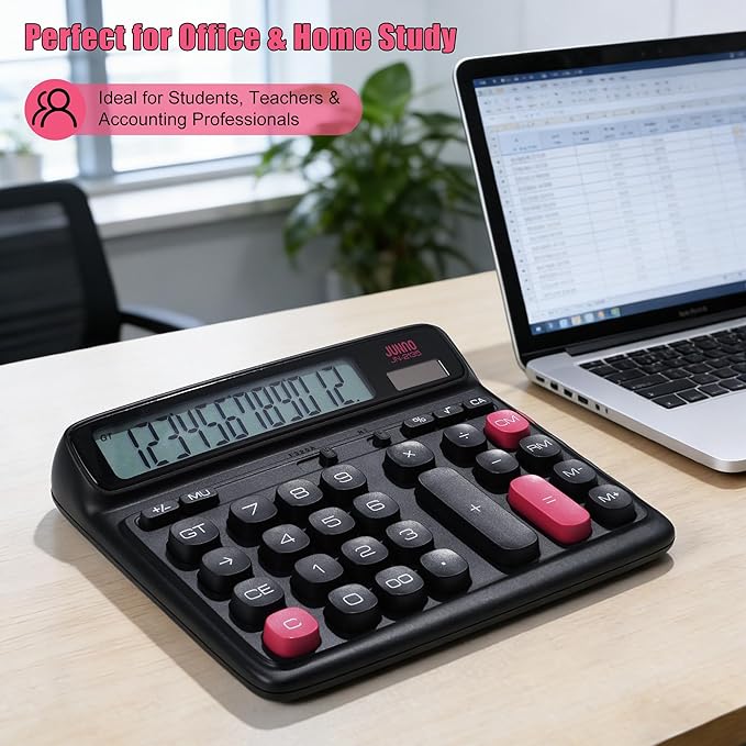 12-Digit Desktop Calculator, Modern Color-Clash Aesthetic Design, Dual Power (Solar & Battery), Ergonomic Tilted Large LCD Display for Office, School and Accounting (Black)