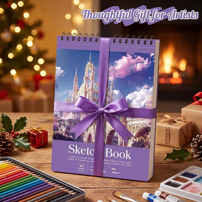 Prudiut Sketch Book 3 Pack, 8.5X11In Violet Spiral Bound Sketch Pad, 50 Sheets 68lb/100gsm Acid-Free Paper, Sketchbooks for Drawing Women Artists, Dry Media Charcoal Pencil Art Supplies Portfolio
