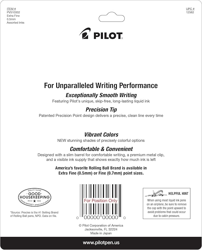 Pilot Precise V5 Capped Liquid Ink Rollerball Pens, Extra Fine Point Ink Pens 0.5 mm, Colored, Assorted Colors, Pack of 10 - Ideal for School, Journaling, & Office Writing
