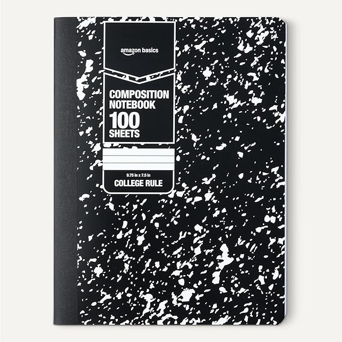 Amazon Basics Composition Notebook, College Ruled, 100 Sheets, 9.75" x 7.5", Marble Black, with Conversion Charts, 4-Pack