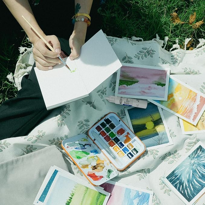 AUREUO Travel Watercolor Set with Gift Box - Small Water Color Kit with18 Classic Color Watercolor Paint Set, Brushes, Watercolor Postcards, Masking Fluid Pen & Tote Bag