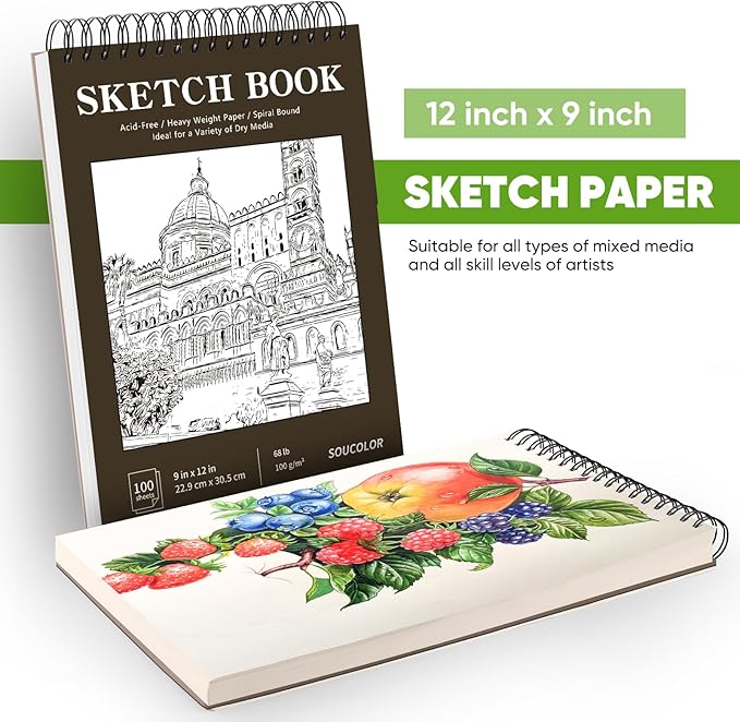 Soucolor 9" x 12" Sketch Book,Top Spiral Sketch Pad,100 Sheets 68lb Acid-Free Drawing Paper for Pencil Sketching Doodling, Art Supplies Journal for Kids Adults Artists