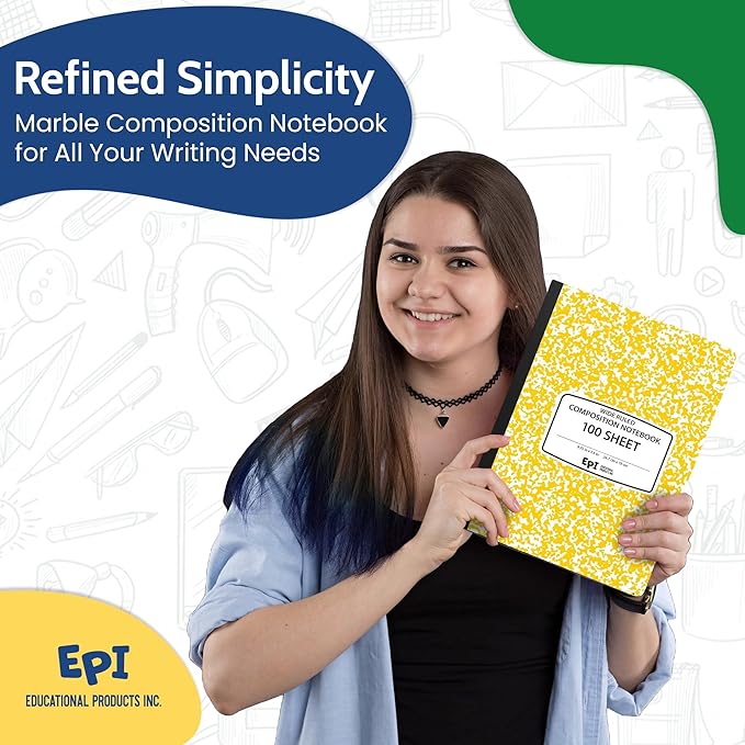 4 Pack - EPI Wide Ruled Marble Composition Notebook - Yellow 200 Page Note Book - 9.75 x 7.5 Inch Hardcover Journal with Sewn Binding for Secure Pages - Classroom Back to School Supplies