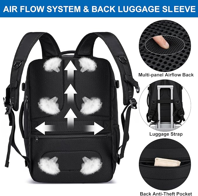 Large Travel Backpack for Men,Airplane Approved Carry On Backpack Suitcase with Shoe Pouch, Luggage Bag TSA 17.3inch Laptop Mochila Flight Approved Casual Daypack Bookbag Travel Essentials,Black
