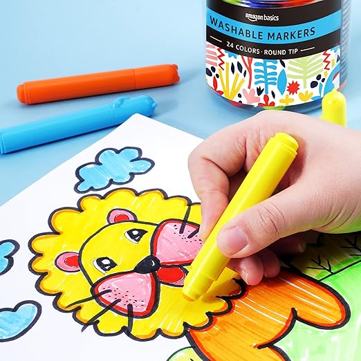 Amazon Basics Washable Markers for Kids, Round Tip Assorted Colors, Non-Toxic Drawing and Coloring School Supplies, Arts & Crafts, Pack of 24