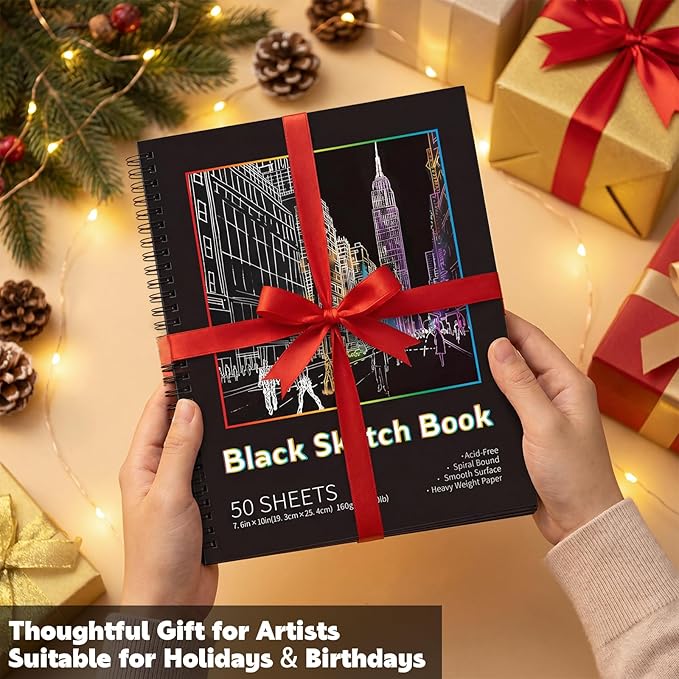 Prudiut Black Paper Sketchbook 2 Pack 7.6x10 Inch 50 Sheets 160gsm Acid-Free Drawing Pad - Spiral Bound Black Sketchbook Artist Mixed Media Charcoal Metal Markers Studio Design Notebook Supplies