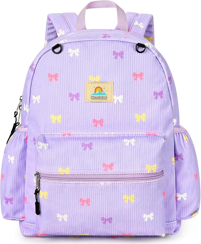 STEAMEDBUN Corduroy Kids Backpack for Girls 5-8: Girls Backpack for Elementary Kindergarten - 15 inch Cute Backpacks for Kids - Purple Bow