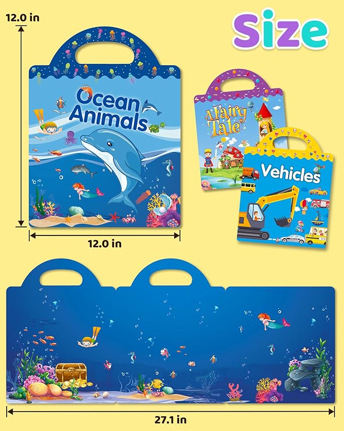 Benresive Reusable Sticker Book for Toddlers, Stickers for Kids, Travel Toys for Arts & Crafts Activities, Birthday Gift for Boys & Girls, Ocean Animals, Fairy and Vehicle Themes