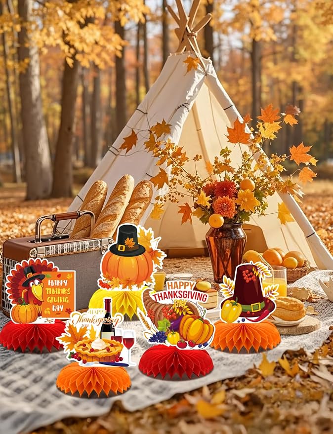 Thanksgiving Table Decorations - 9Pcs Fall Table Decorations 3D Fall Centerpieces for Tables, Turkey Pumpkin Honeycomb Centerpieces Autumn Table Topper for Autumn Thanksgiving Party Supplies