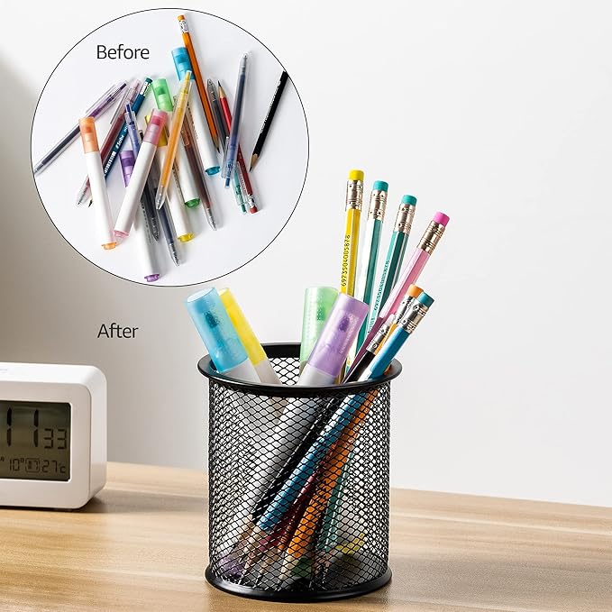 Amazon Basics Wire Mesh Pen Holder, Pencil Cup Desk Organizer for Stationery, Scissors, Office Caddy Storage, 3.7" x 3.3", Black