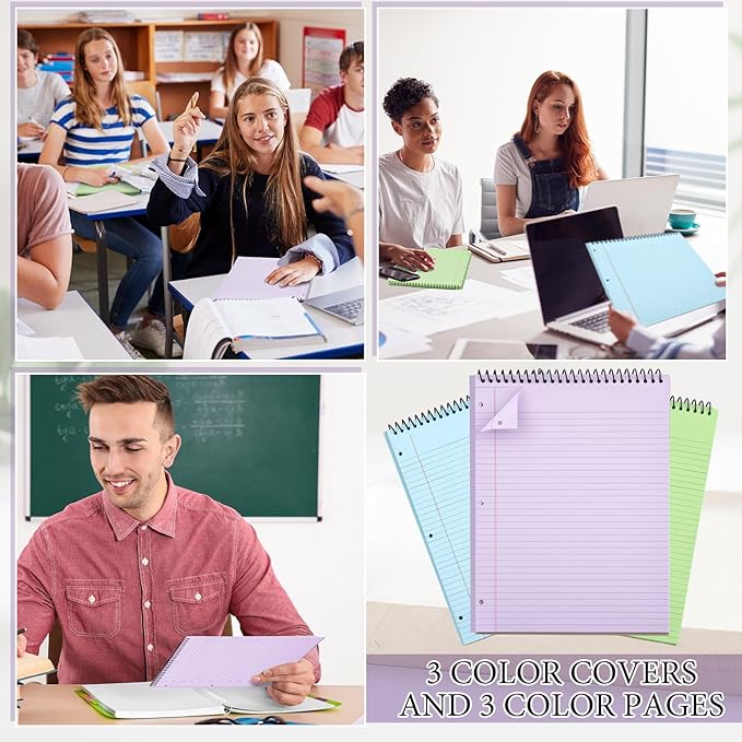 MotiMind 10 Pack 8.5" x 11" Top Spiral Notebook with 3 Hole Punched Legal Pads College Ruled Notepad 50 Sheets Hard Cardboard Paper Wirebound Notepad for Office School Business(Green, Blue, Purple)